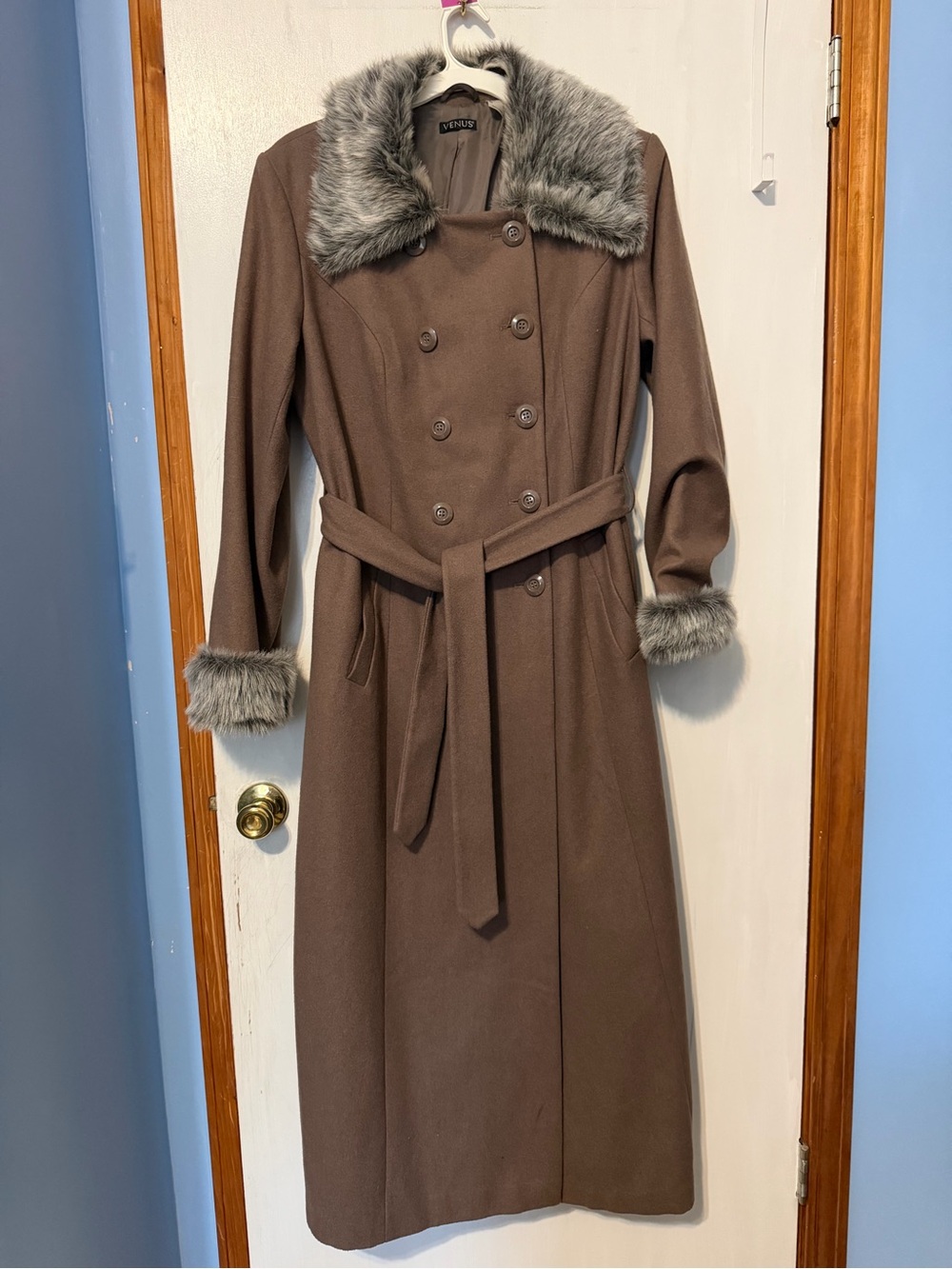 Venus Women's Double-Breasted Taupe Wool Blend Coat with Faux Fur Trim, Size 12